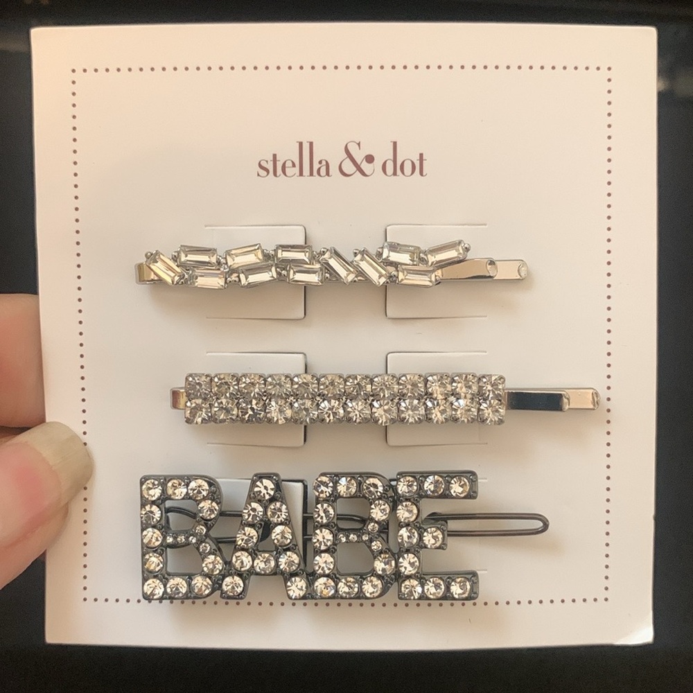 Stella & Dot Embellished Hair Clips 3-pack Rhinestone Boss Babe Barette NWT